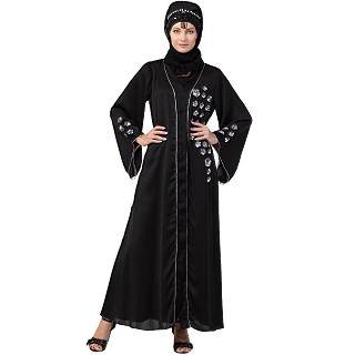 Front open abaya with hand work- Black-Silver